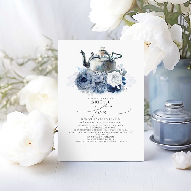 Dusty Blue Navy Flowers Elegant Bridal Shower Tea Invitation (Bridal Shower Tea Party Dusty Blue Invitations)