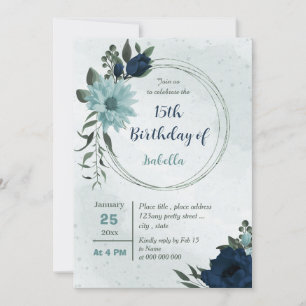 Dusty blue &navy flowers geometric birthday invitation