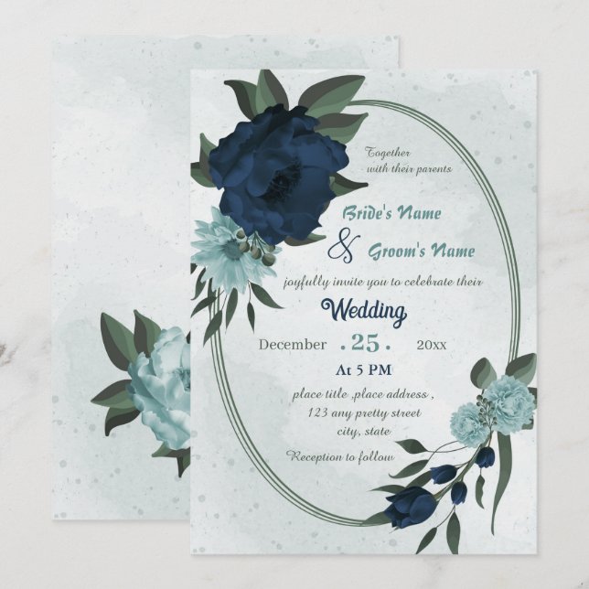 Dusty blue &navy flowers geometric wedding invitation (Front/Back)