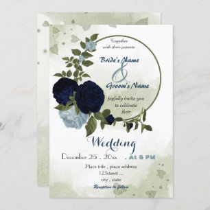dusty blue & navy flowers greenery wreath wedding invitation