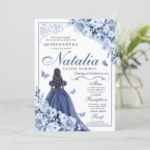 Dusty Blue Navy Flowers Tiara Quinceañera Invitation