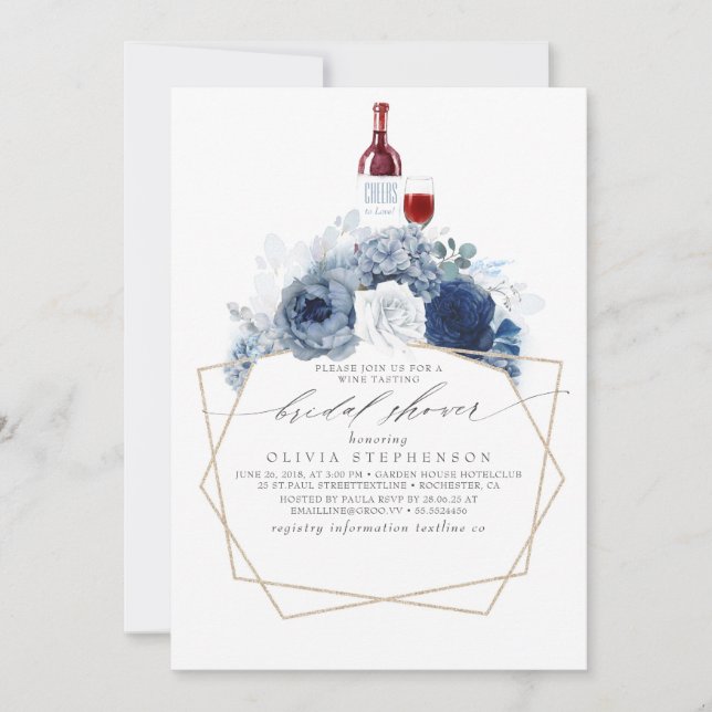 Dusty Blue Navy Flowers Wine Tasting Bridal Shower Invitation (Front)