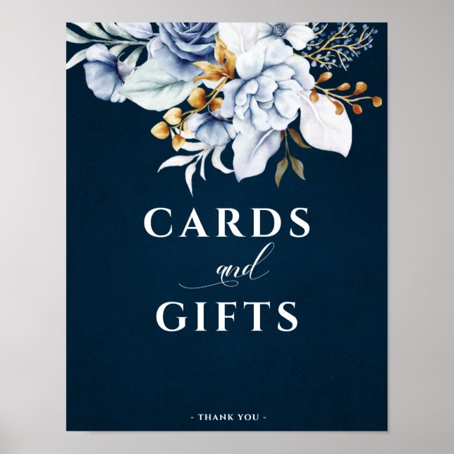 Dusty Blue Navy Gold Floral Wedding Cards & Gifts Poster (Front)