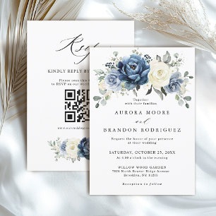 Dusty Blue Navy Ivory Floral Boho Wedding QR Code  Invitation