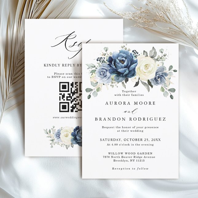Dusty Blue Navy Ivory Floral Boho Wedding QR Code  Invitation (Dusty Blue Navy Ivory Floral Boho Wedding QR Code Invitation)
