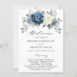Dusty Blue Navy Ivory Floral Wedding Program Card
