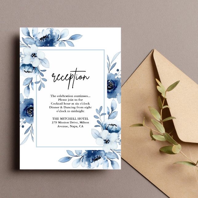 Dusty Blue Navy Ivory Floral Wedding Reception Enclosure Card (Creator Uploaded)