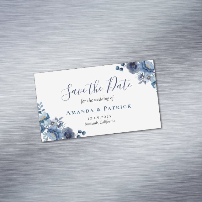 Dusty Blue Navy Ivory Floral Wedding Save The Date Magnetic Business Card (In Situ)