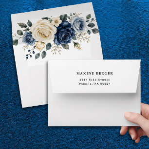 Dusty Blue Navy & Ivory Rose Floral Wedding Envelope