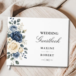 Dusty Blue Navy & Ivory Rose Floral Wedding Guest Book