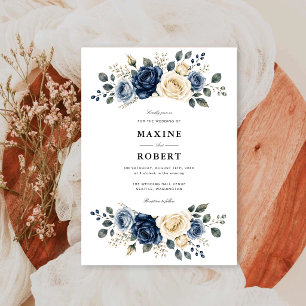 Dusty Blue Navy & Ivory Rose Floral Wedding Invitation