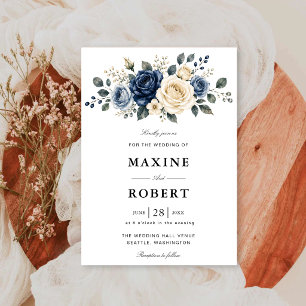 Dusty Blue Navy & Ivory Rose Floral Wedding Invitation