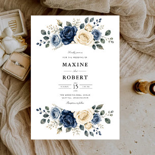 Dusty Blue Navy & Ivory Rose Floral Wedding Invitation