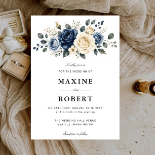 Dusty Blue Navy & Ivory Rose Floral Wedding Invitation