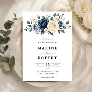 Dusty Blue Navy & Ivory Rose Floral Wedding Invitation