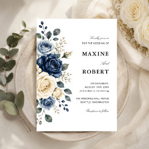 Dusty Blue Navy & Ivory Rose Floral Wedding Invitation