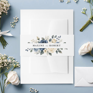 Dusty Blue Navy & Ivory Rose Floral Wedding Invitation Belly Band
