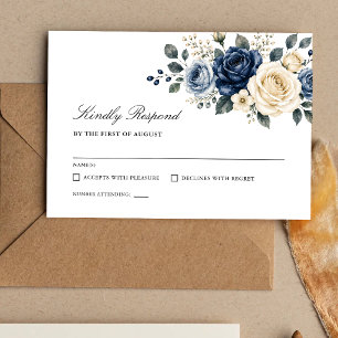 Dusty Blue Navy & Ivory Rose Floral Wedding RSVP Card