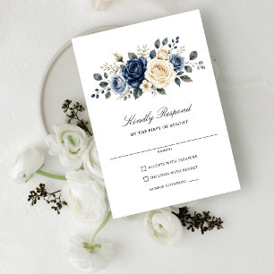 Dusty Blue Navy & Ivory Rose Floral Wedding RSVP Card