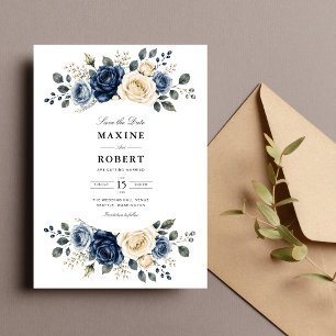 Dusty Blue Navy & Ivory Rose Floral Wedding Save The Date