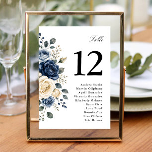 Dusty Blue Navy & Ivory Rose Floral Wedding Table Number
