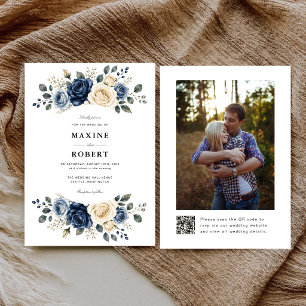 Dusty Blue Navy & Ivory Rose QR Code Photo Wedding Invitation