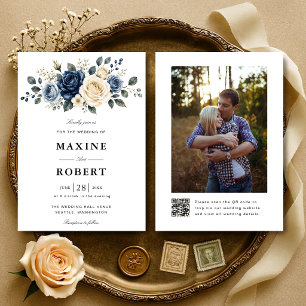 Dusty Blue Navy & Ivory Rose QR Code Photo Wedding Invitation