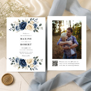 Dusty Blue Navy & Ivory Rose QR Code Photo Wedding Invitation