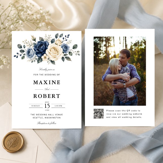 Dusty Blue Navy & Ivory Rose QR Code Photo Wedding Invitation (Dusty blue rose photo invitations with a QR code combine heartfelt memories with modern elegance.)