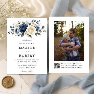 Dusty Blue Navy & Ivory Rose QR Code Photo Wedding Invitation
