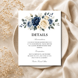 Dusty Blue Navy & Ivory Rose Wedding Details Enclosure Card