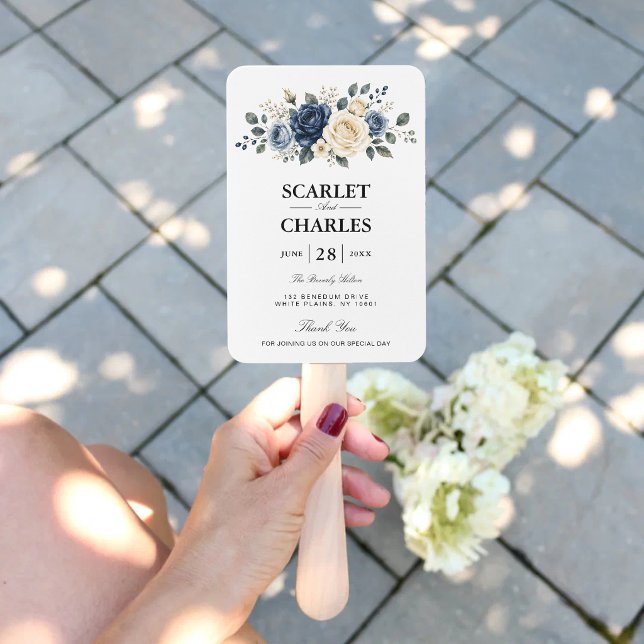 Dusty Blue Navy & Ivory Rose Wedding Program Hand Fan (Dusty blue rose program fans keep guests comfortable with timeless elegance.)