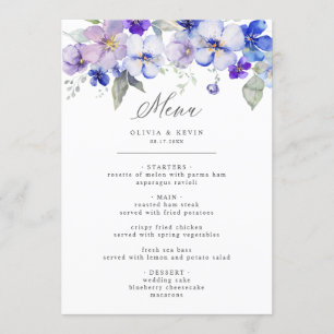 Dusty Blue Navy Lavender Lilac Floral Wedding Menu