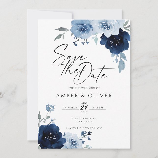 Dusty Blue Navy Light Floral Elegant Save The Date Invitation (Front)