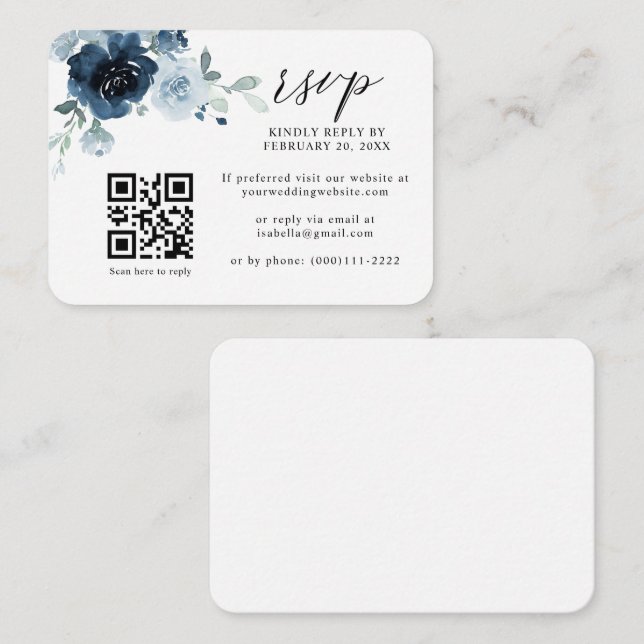 Dusty Blue Navy Pastel Floral QR Code Wedding RSVP Enclosure Card (Front/Back)