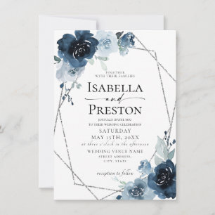 Dusty Blue Navy Pastel Silver Foil Floral Wedding  Invitation