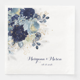 Dusty Blue Navy Peony & Eucalyptus Gold Floral Napkin