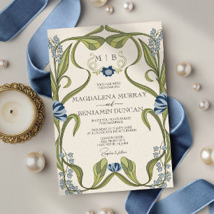 Dusty Blue Navy Vintage Art Nouveau Floral Wedding Invitation
