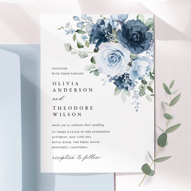 Dusty Blue Navy Watercolor Floral Elegant Wedding Invitation (Dusty blue navy watercolor floral bouquet wedding invitation card elegant romantic design)