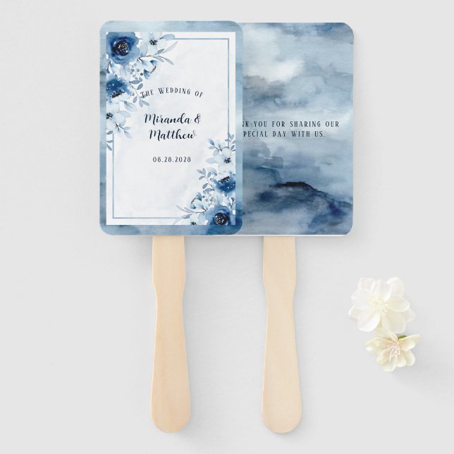 Dusty Blue & Navy Watercolor Floral Wedding  Hand Fan (Front and Back)