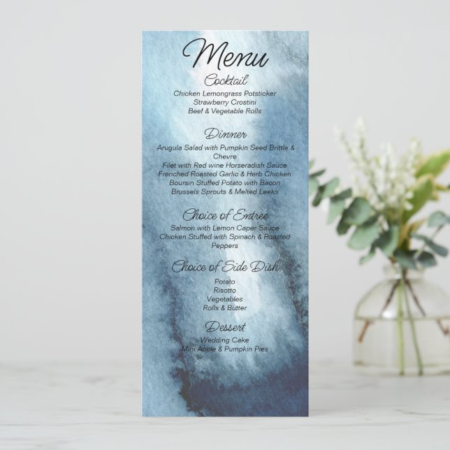Dusty blue navy watercolor Wedding    Menu (Standing Front)