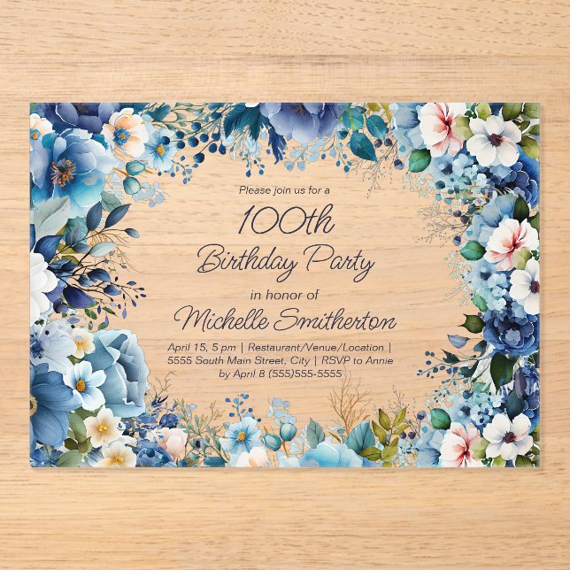 Dusty Blue Navy White Floral 100th Birthday  Acrylic Invitations (Front)