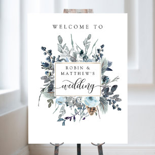 Dusty Blue, Navy White Floral Wedding Welcome Sign
