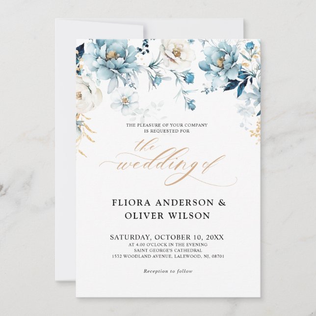 Dusty Blue Navy White Ivory Gold Floral Wedding In Invitation (Front)