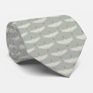 Dusty Blue Neutral Birds Cranes Art Deco Pattern  Tie
