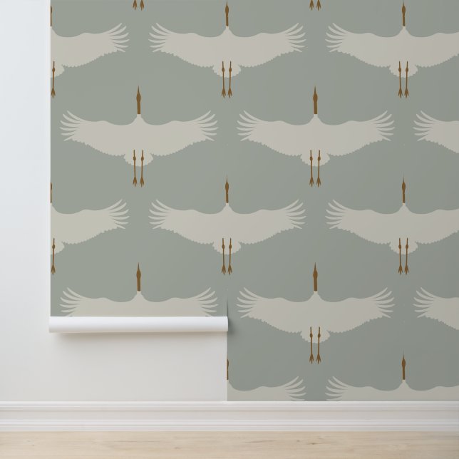 Dusty Blue Neutral Birds Cranes Art Deco Pattern  Wallpaper (Application)