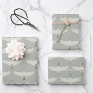 Dusty Blue Neutral Birds Cranes Art Deco Pattern  Wrapping Paper Sheet