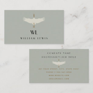 Dusty Blue Neutral Birds Swans Art Deco Monogram Business Card