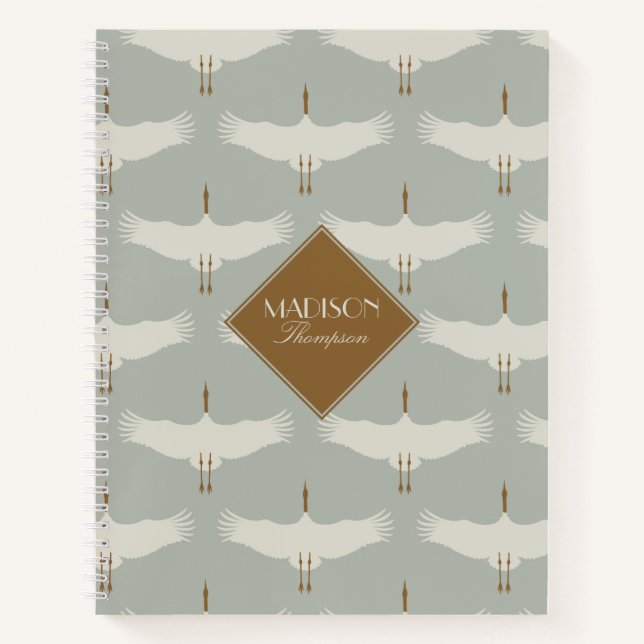 Dusty Blue Neutral Birds Swans Art Deco Monogram Notebook (Front)