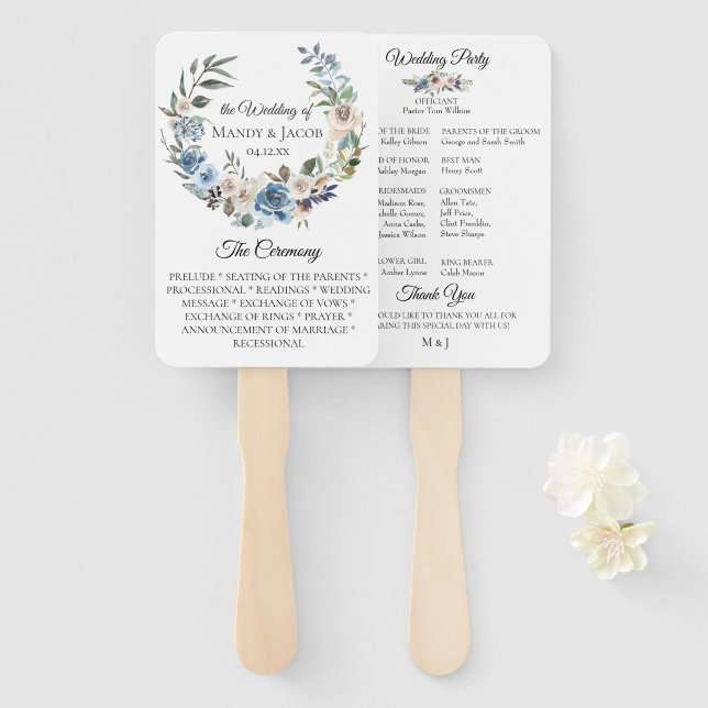 Dusty Blue Neutral Floral Wedding Program Fans (Front and Back)